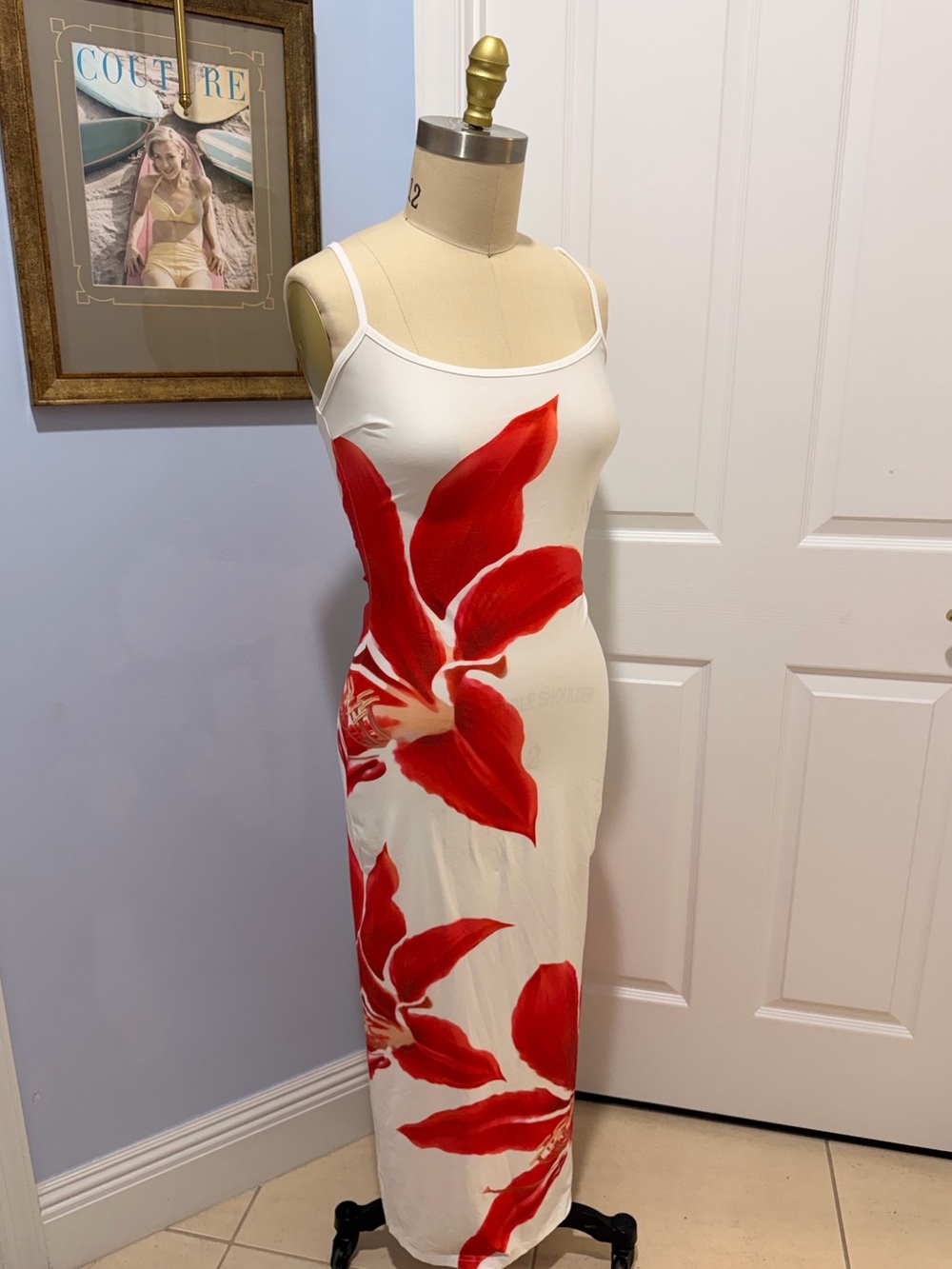 White Maxi Slip Dress with Red Floral Print